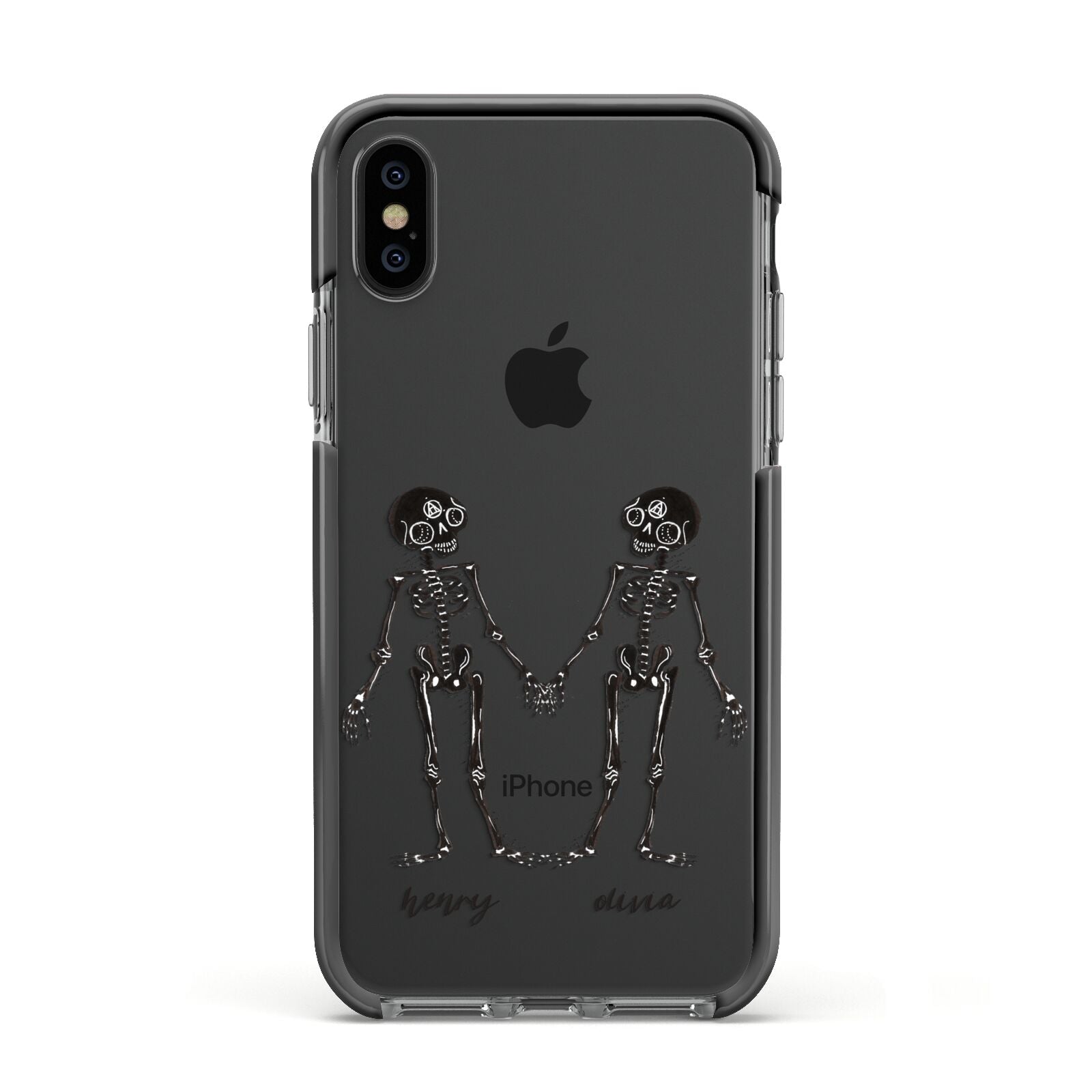 Romantic Skeletons Personalised Apple iPhone Xs Impact Case Black Edge on Black Phone