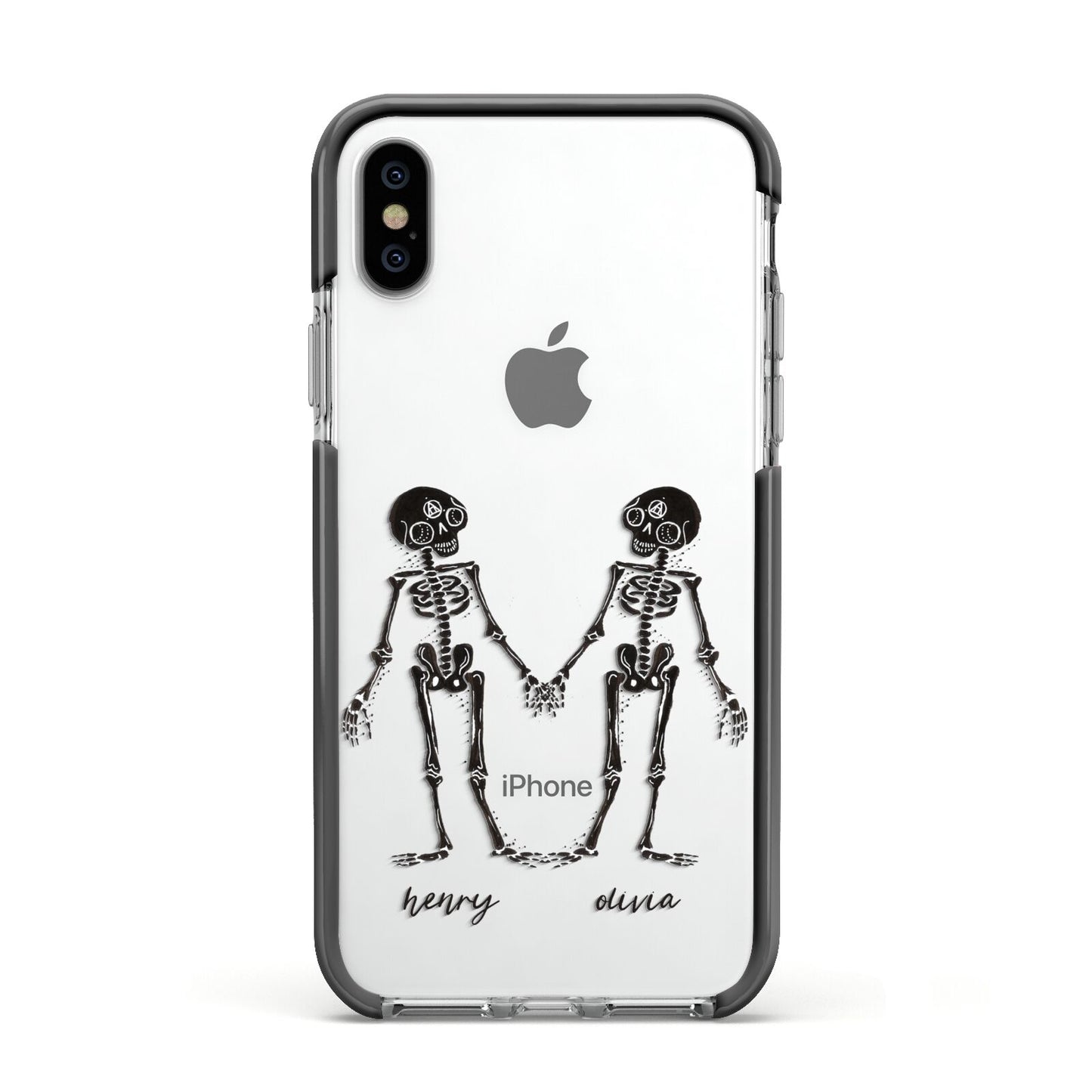 Romantic Skeletons Personalised Apple iPhone Xs Impact Case Black Edge on Silver Phone