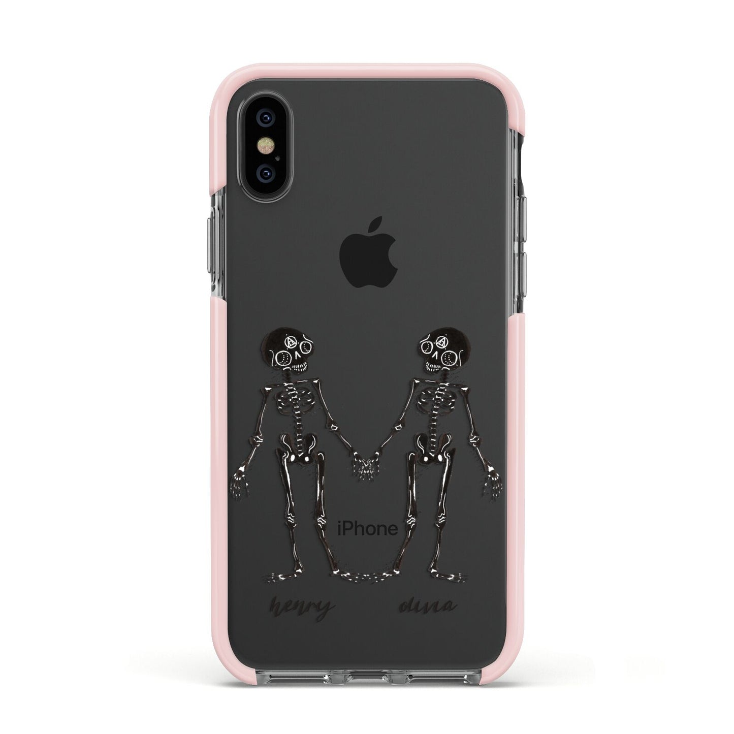 Romantic Skeletons Personalised Apple iPhone Xs Impact Case Pink Edge on Black Phone