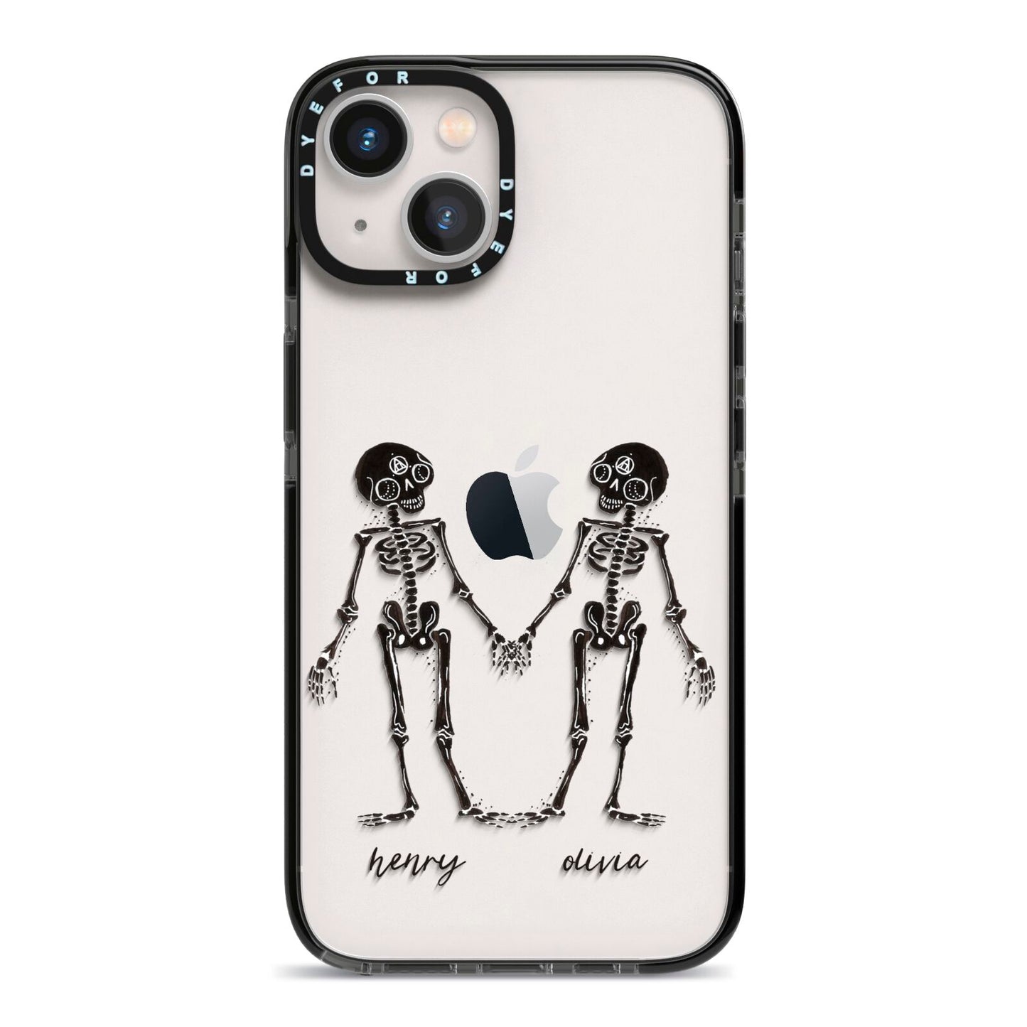 Romantic Skeletons Personalised iPhone 13 Black Impact Case on Silver phone