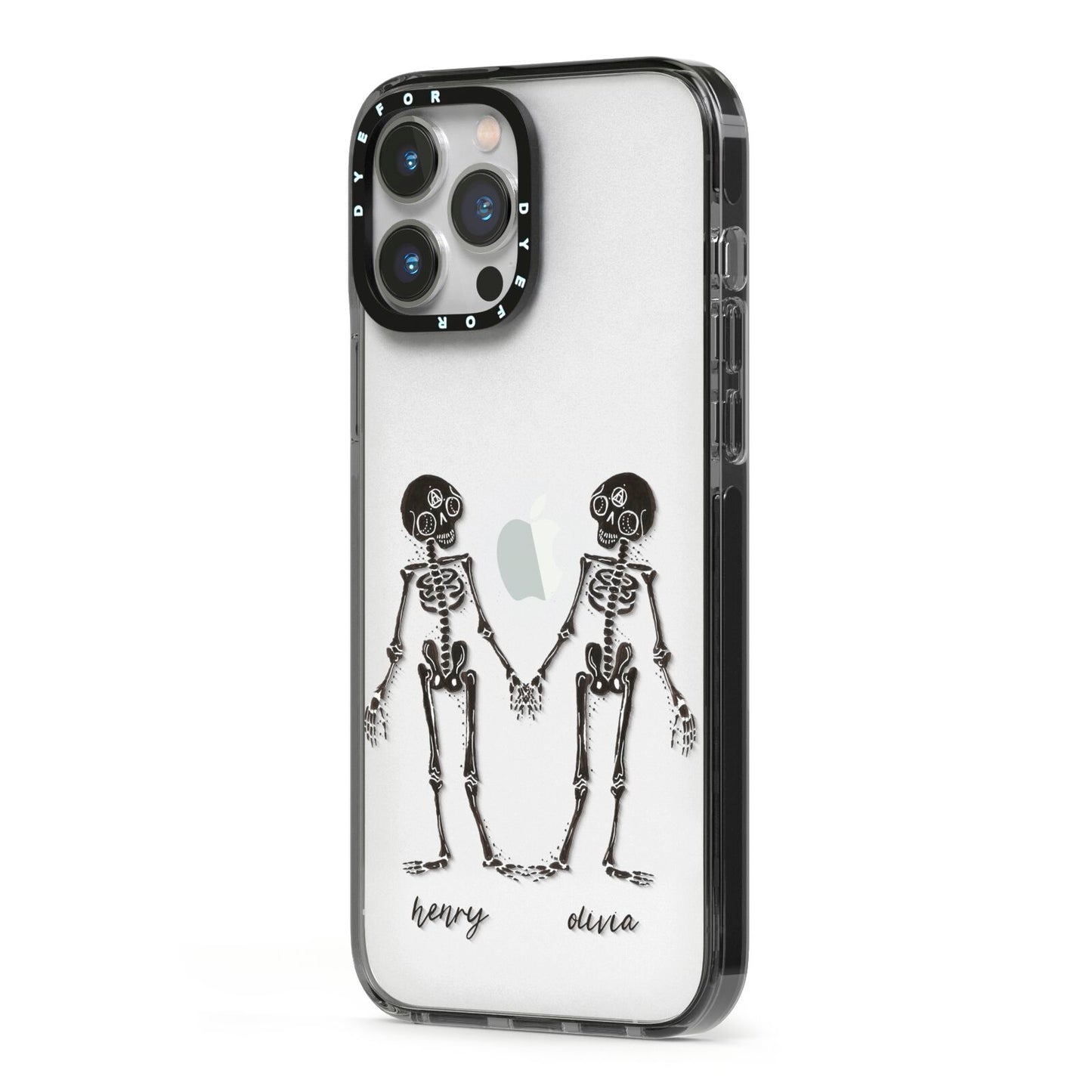 Romantic Skeletons Personalised iPhone 13 Pro Max Black Impact Case Side Angle on Silver phone