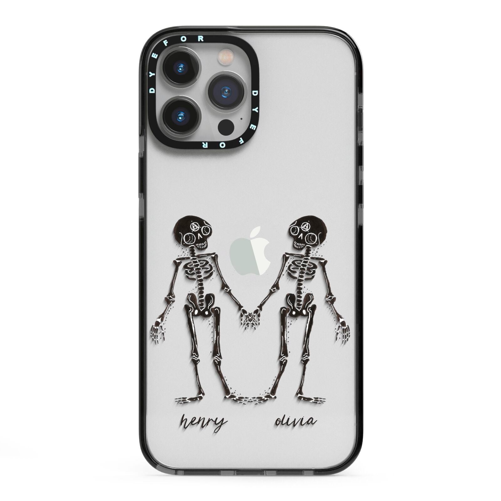 Romantic Skeletons Personalised iPhone 13 Pro Max Black Impact Case on Silver phone