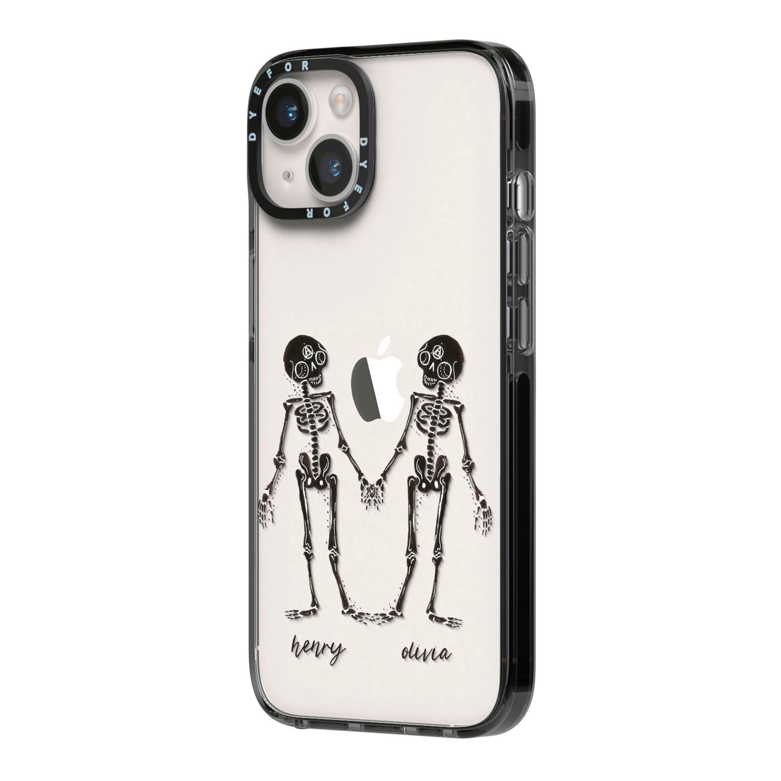 Romantic Skeletons Personalised iPhone 14 Black Impact Case Side Angle on Silver phone