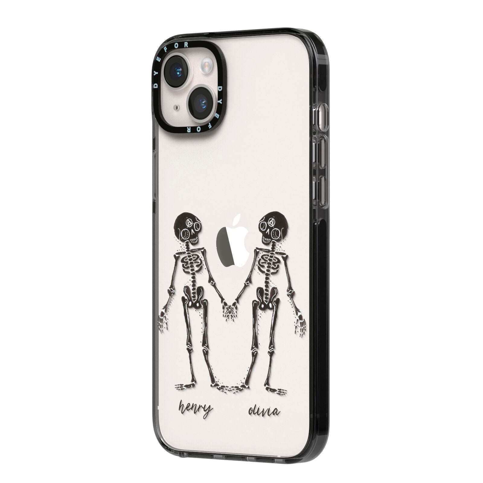 Romantic Skeletons Personalised iPhone 14 Plus Black Impact Case Side Angle on Silver phone