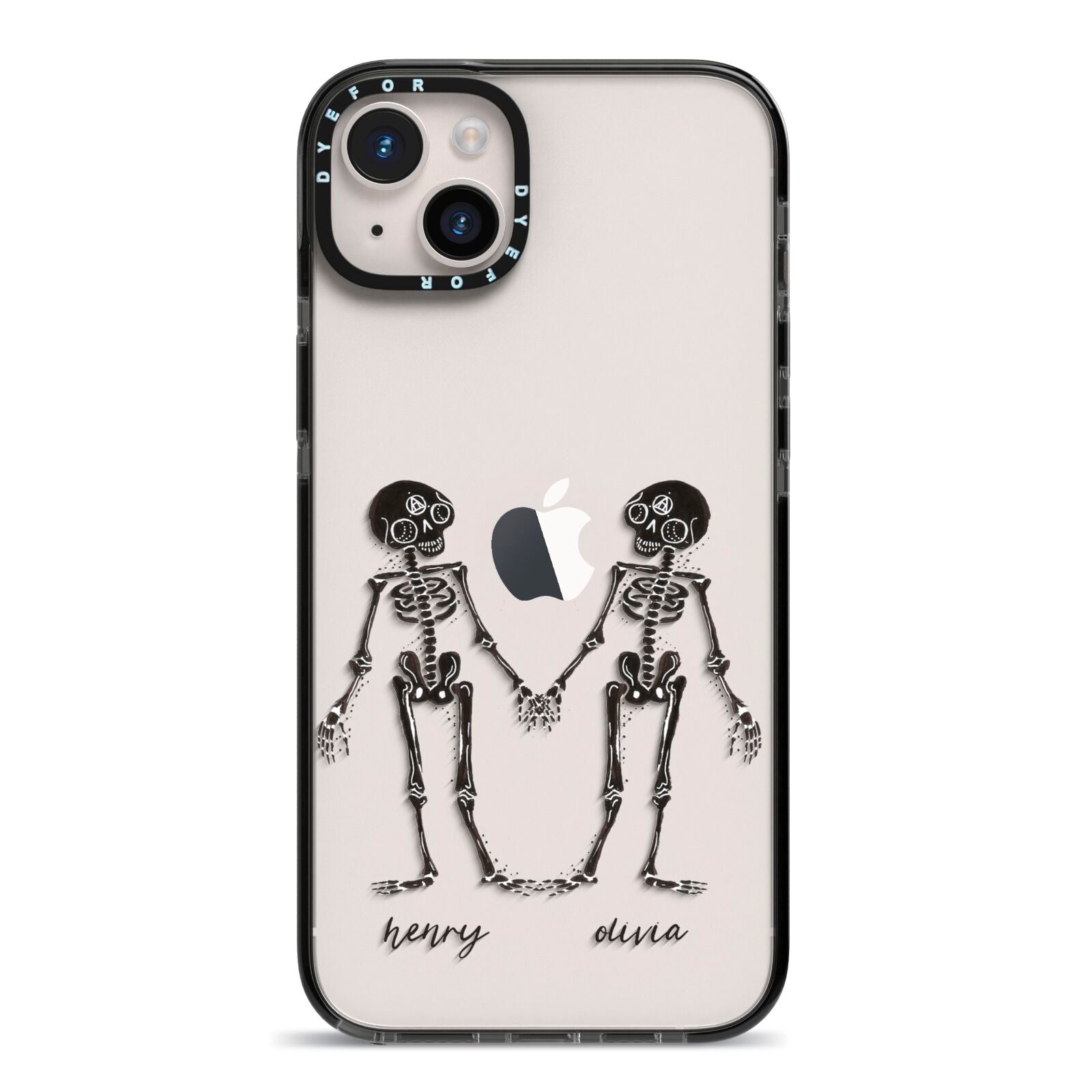 Romantic Skeletons Personalised iPhone 14 Plus Black Impact Case on Silver phone