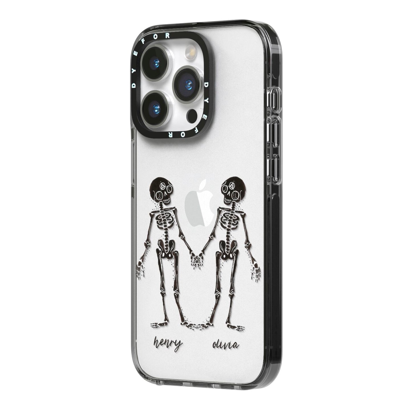 Romantic Skeletons Personalised iPhone 14 Pro Black Impact Case Side Angle on Silver phone