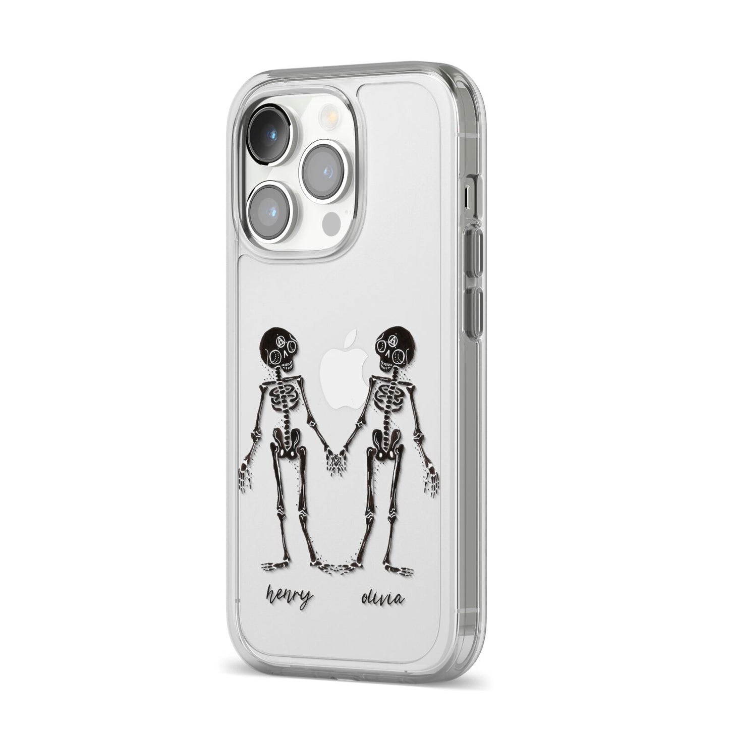 Romantic Skeletons Personalised iPhone 14 Pro Clear Tough Case Silver Angled Image