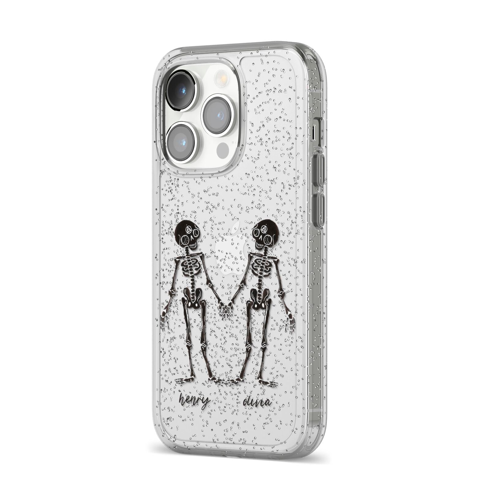 Romantic Skeletons Personalised iPhone 14 Pro Glitter Tough Case Silver Angled Image