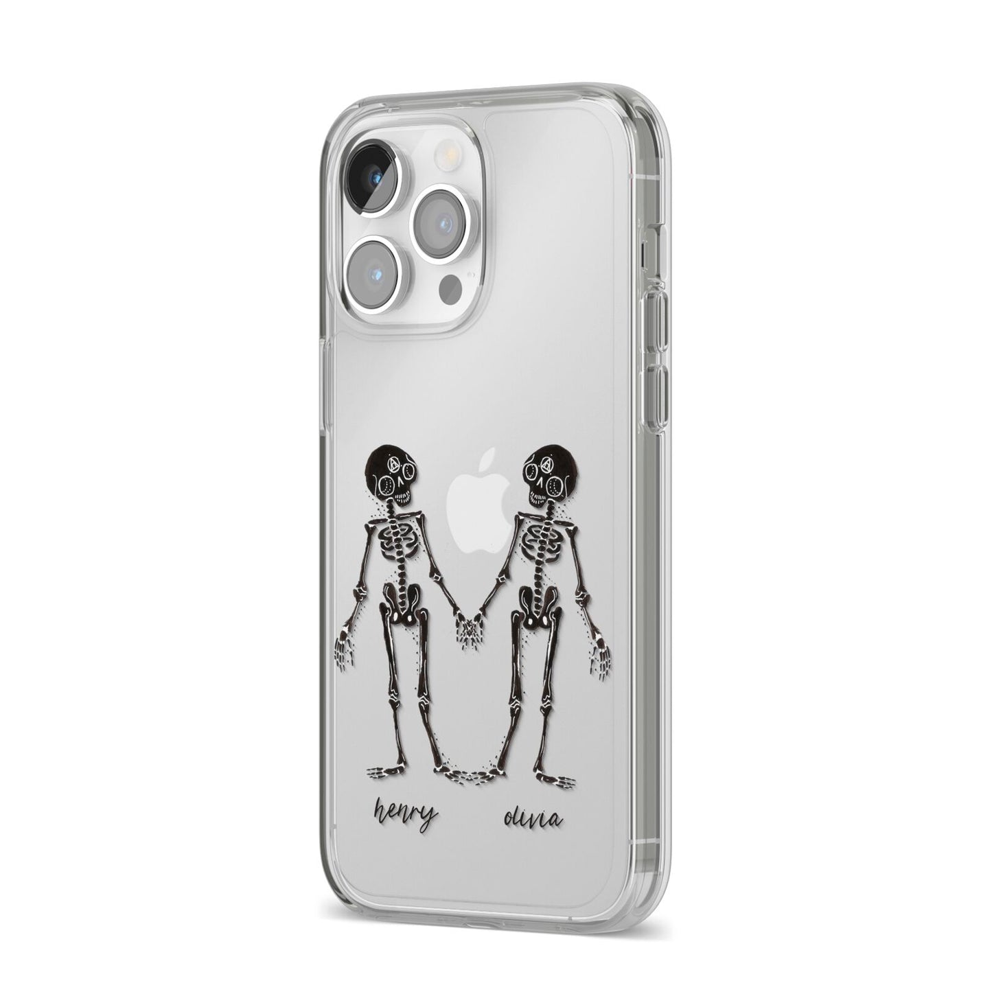 Romantic Skeletons Personalised iPhone 14 Pro Max Clear Tough Case Silver Angled Image