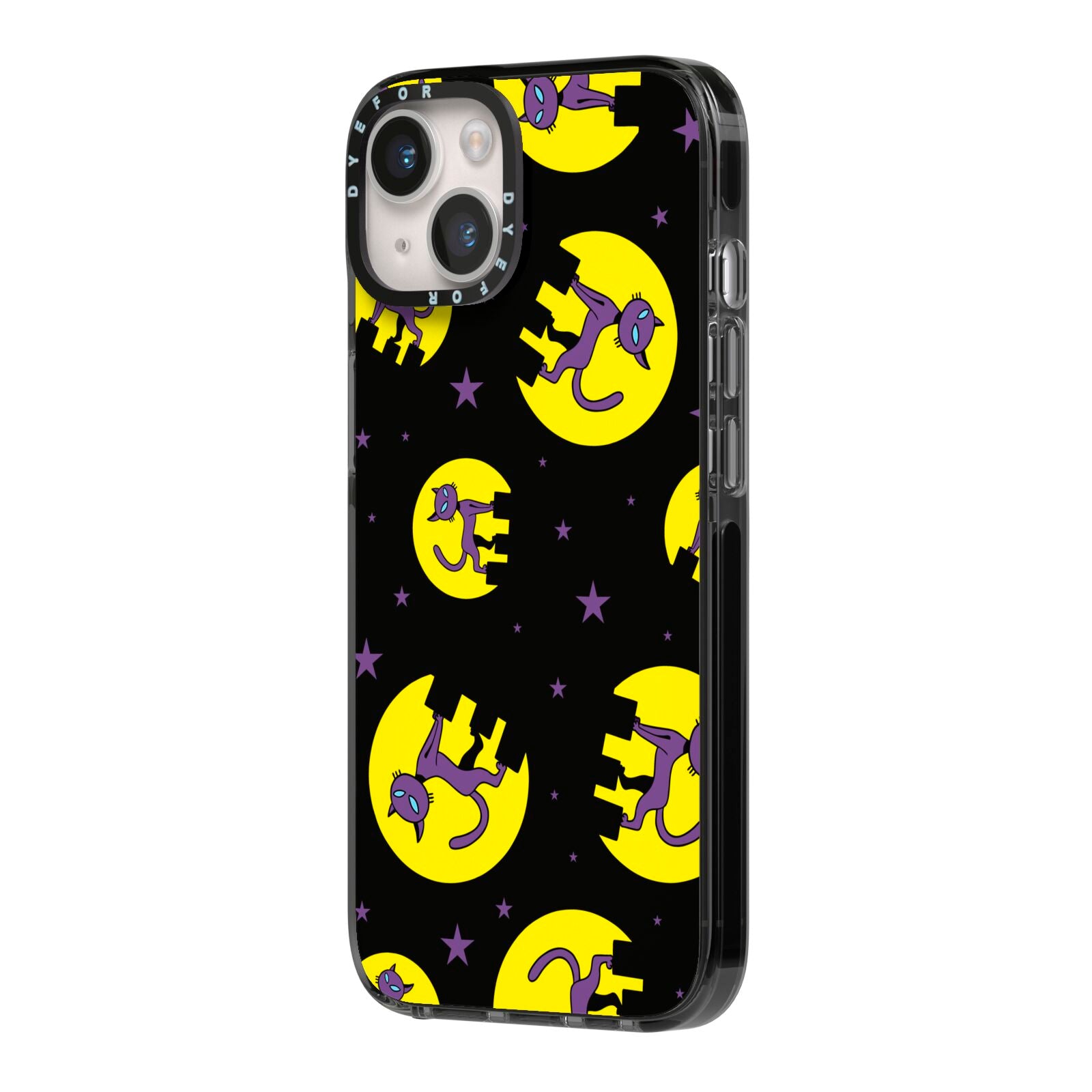 Rooftop Cats iPhone 14 Black Impact Case Side Angle on Silver phone