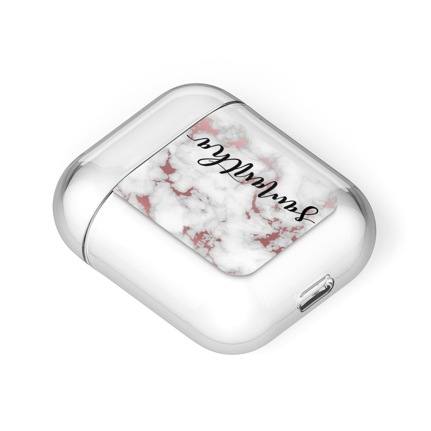 Rose Gold Marble Vertical Black Personalised Name AirPods Case Laid Flat