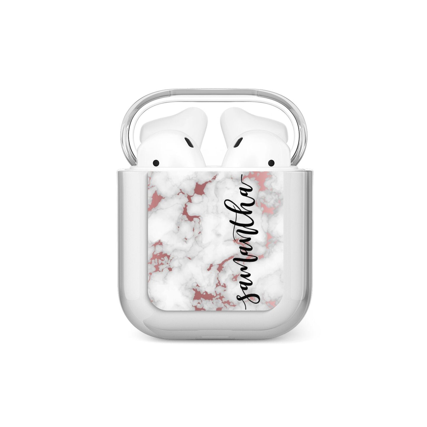 Rose Gold Marble Vertical Black Personalised Name AirPods Case