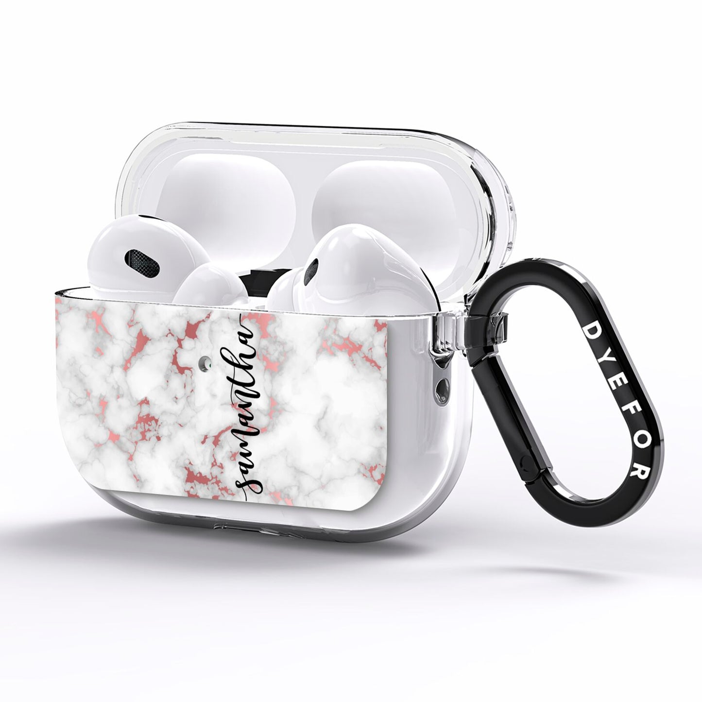 Rose Gold Marble Vertical Black Personalised Name AirPods Pro Clear Case Side Image