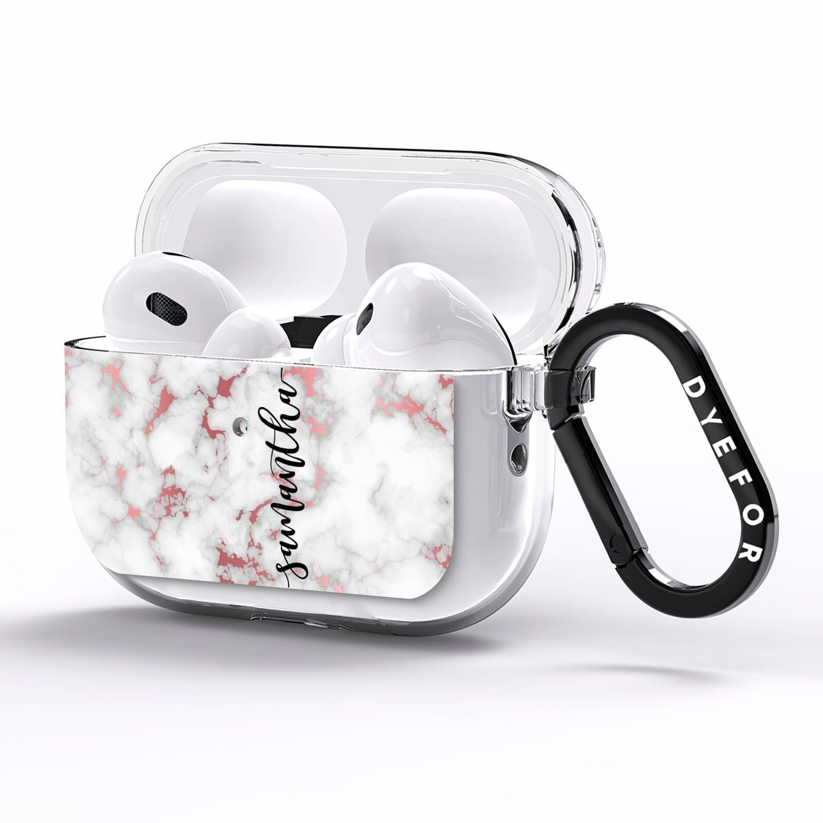 Rose Gold Marble Vertical Black Personalised Name AirPods Pro Clear Case Side Image