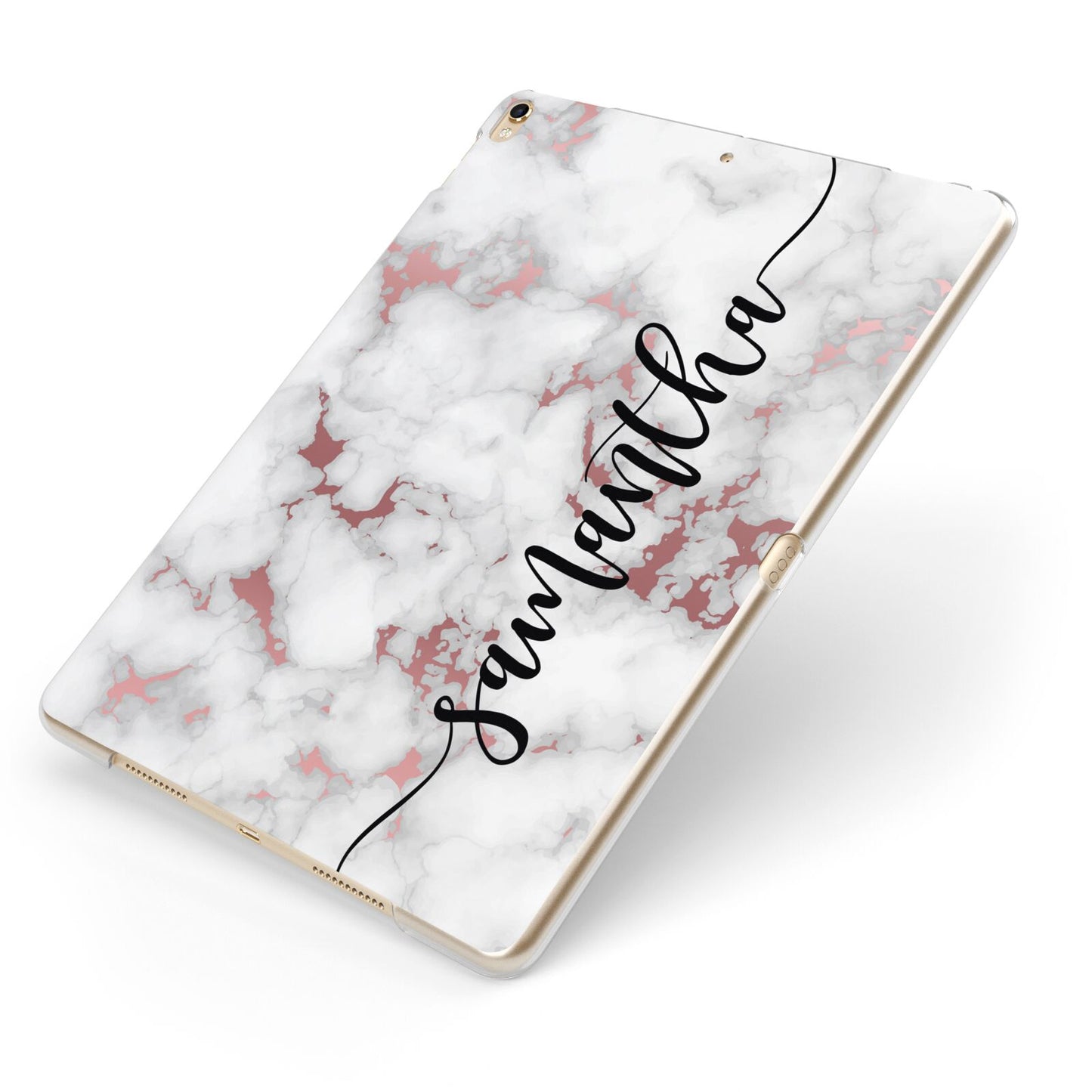 Rose Gold Marble Vertical Black Personalised Name Apple iPad Case on Gold iPad Side View