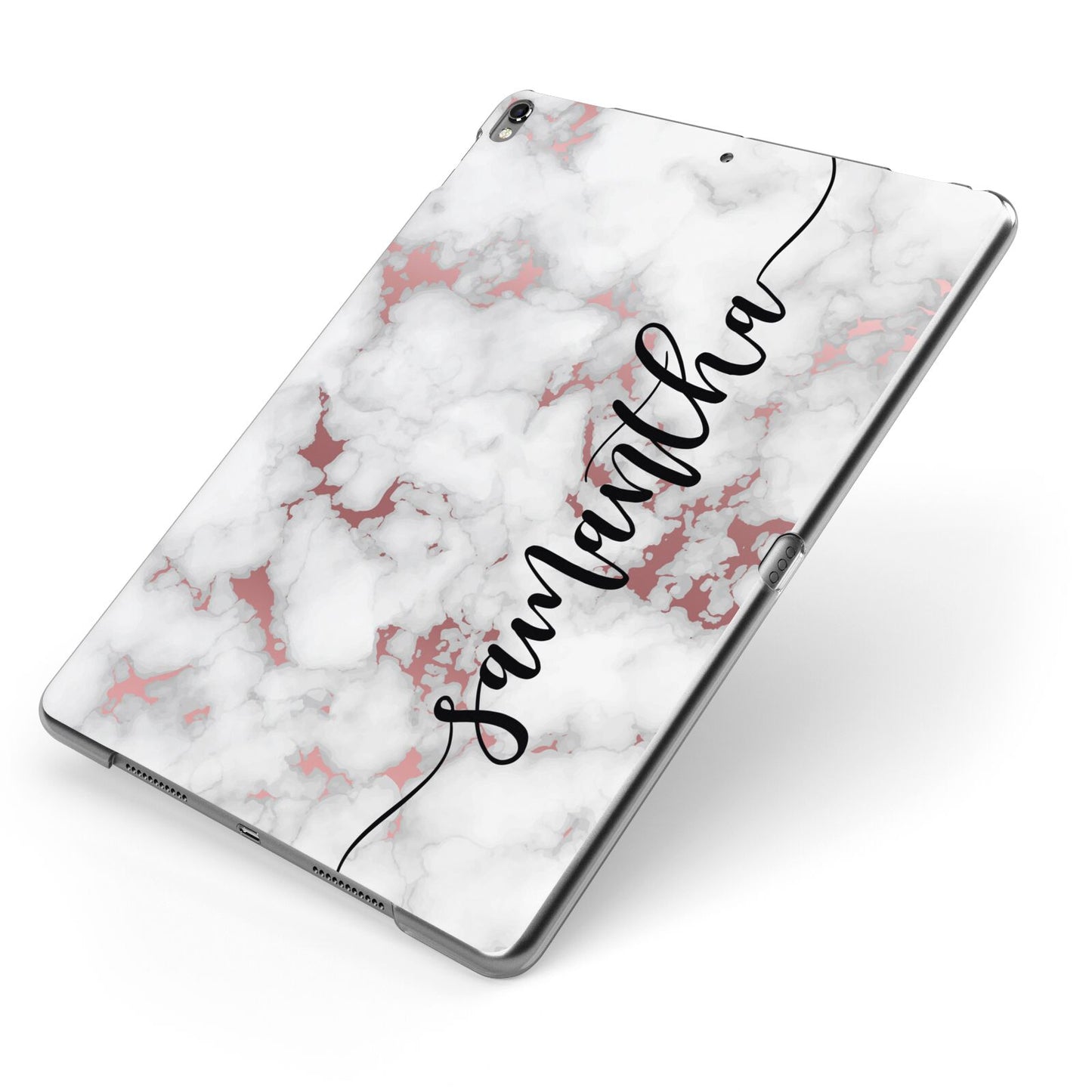 Rose Gold Marble Vertical Black Personalised Name Apple iPad Case on Grey iPad Side View