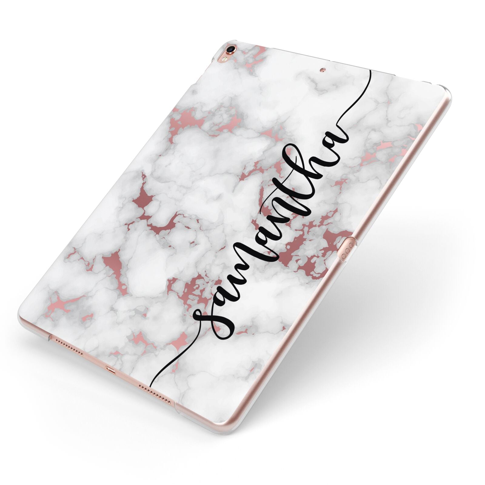 Rose Gold Marble Vertical Black Personalised Name Apple iPad Case on Rose Gold iPad Side View