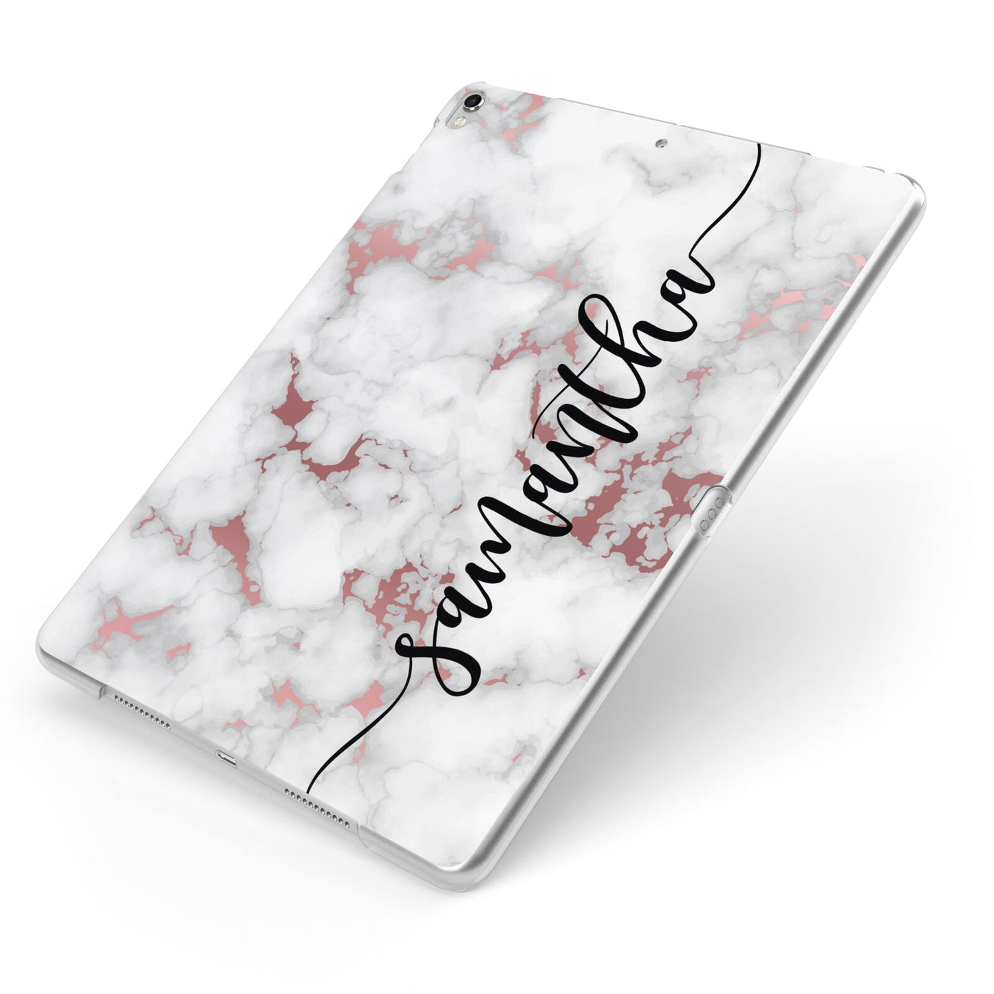 Rose Gold Marble Vertical Black Personalised Name Apple iPad Case on Silver iPad Side View