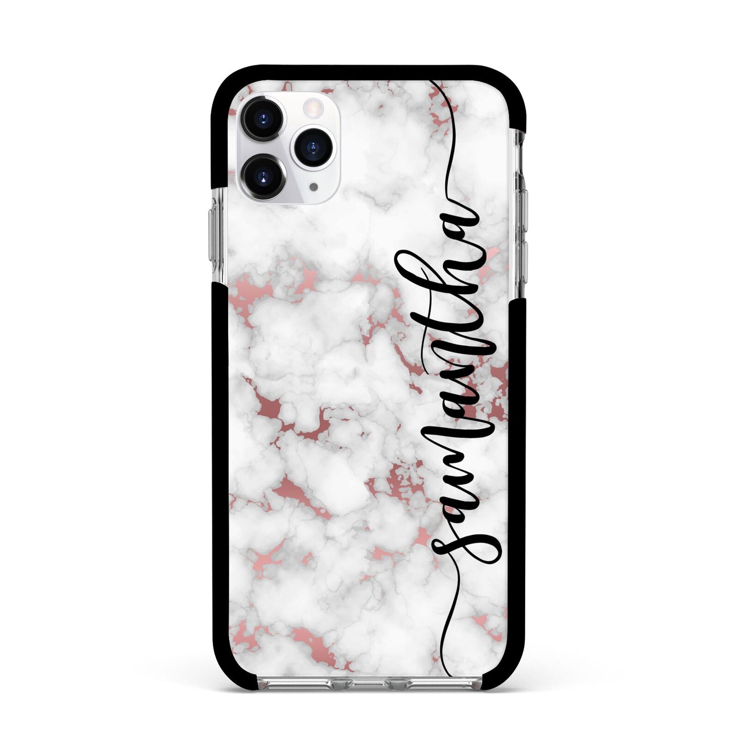 Rose Gold Marble Vertical Black Personalised Name Apple iPhone 11 Pro Max in Silver with Black Impact Case