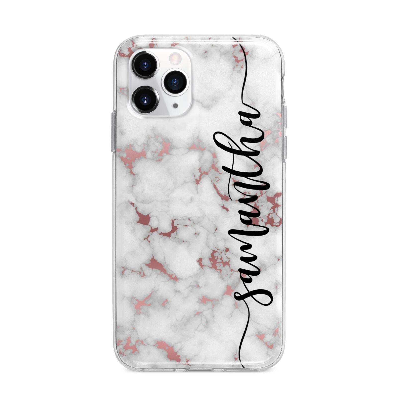 Rose Gold Marble Vertical Black Personalised Name Apple iPhone 11 Pro Max in Silver with Bumper Case