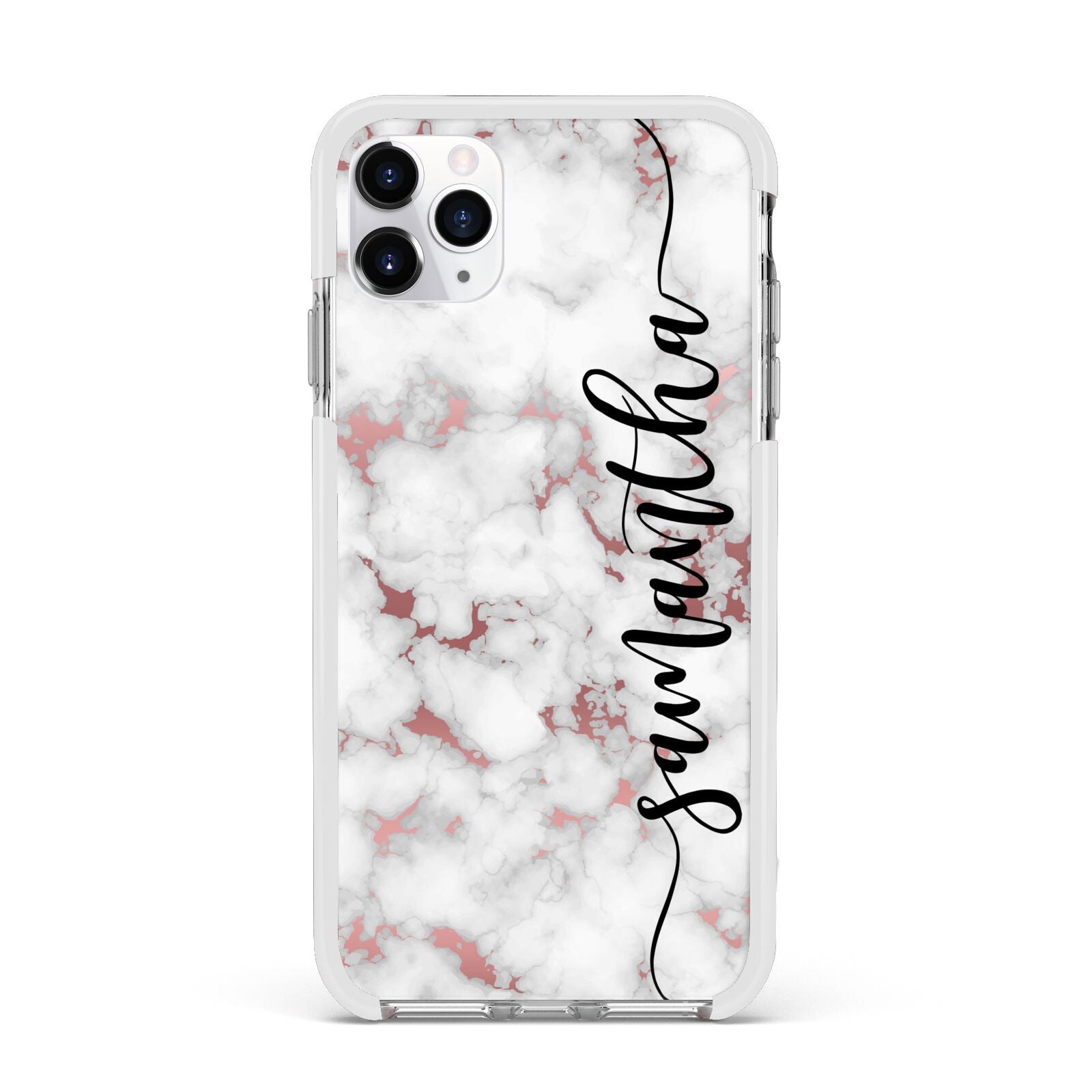 Rose Gold Marble Vertical Black Personalised Name Apple iPhone 11 Pro Max in Silver with White Impact Case