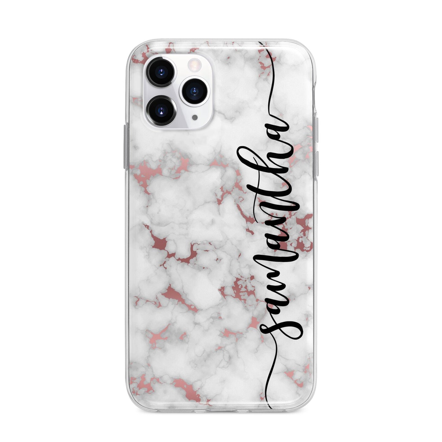 Rose Gold Marble Vertical Black Personalised Name Apple iPhone 11 Pro in Silver with Bumper Case