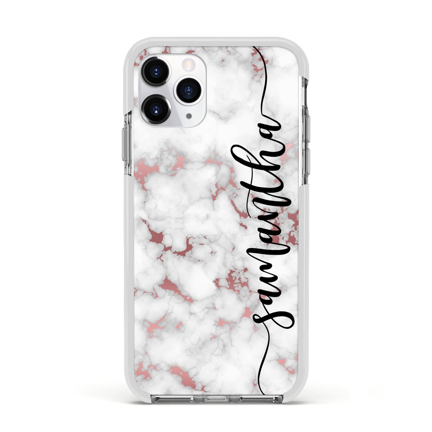 Rose Gold Marble Vertical Black Personalised Name Apple iPhone 11 Pro in Silver with White Impact Case