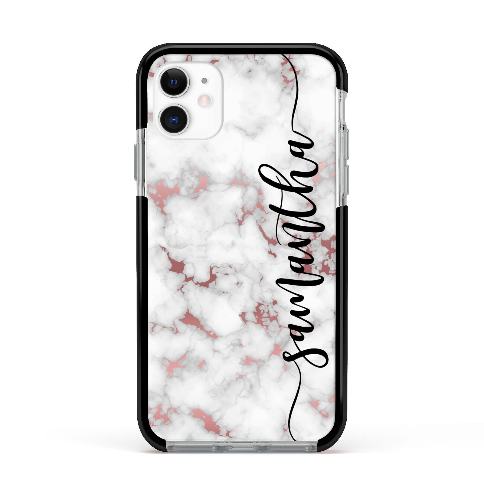 Rose Gold Marble Vertical Black Personalised Name Apple iPhone 11 in White with Black Impact Case