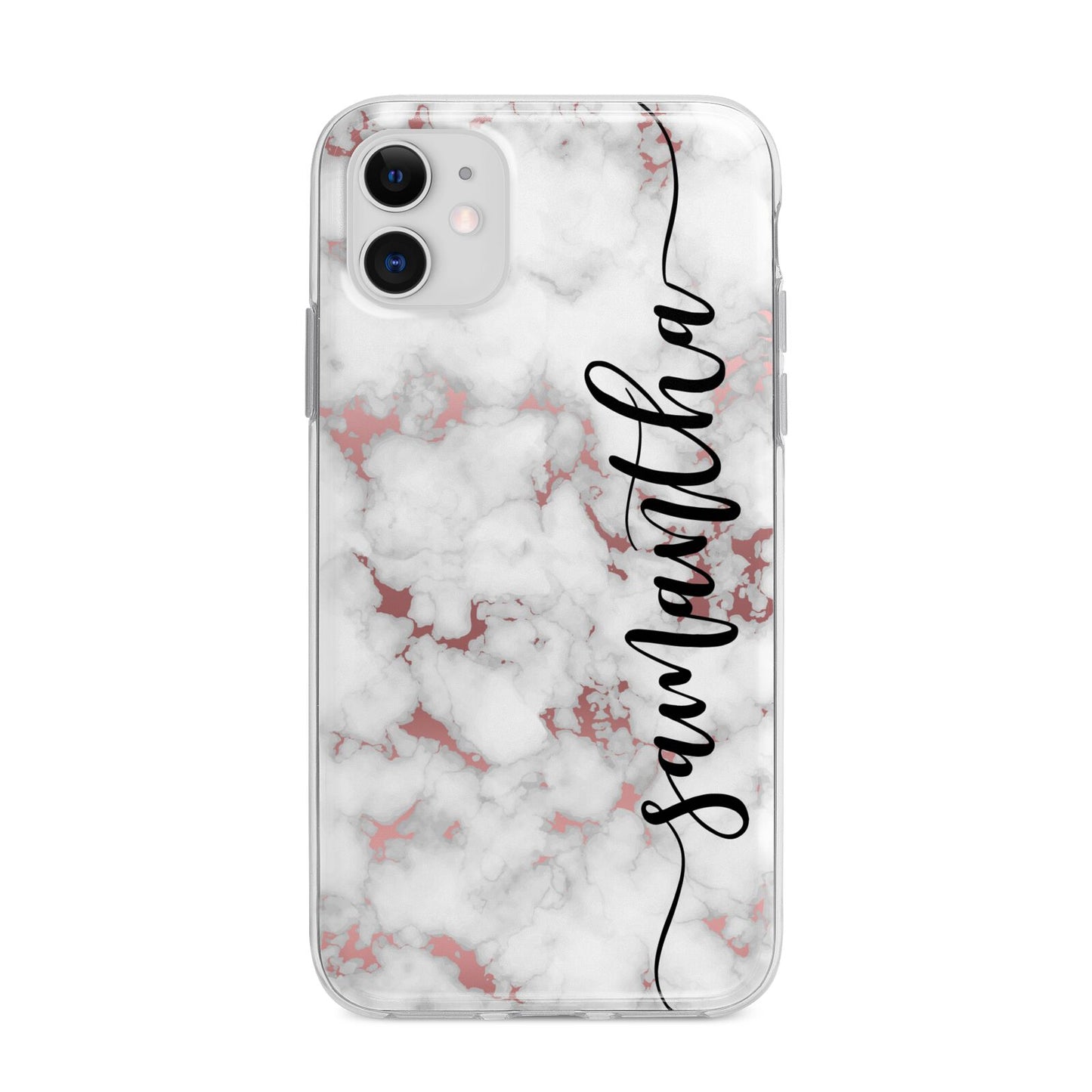 Rose Gold Marble Vertical Black Personalised Name Apple iPhone 11 in White with Bumper Case