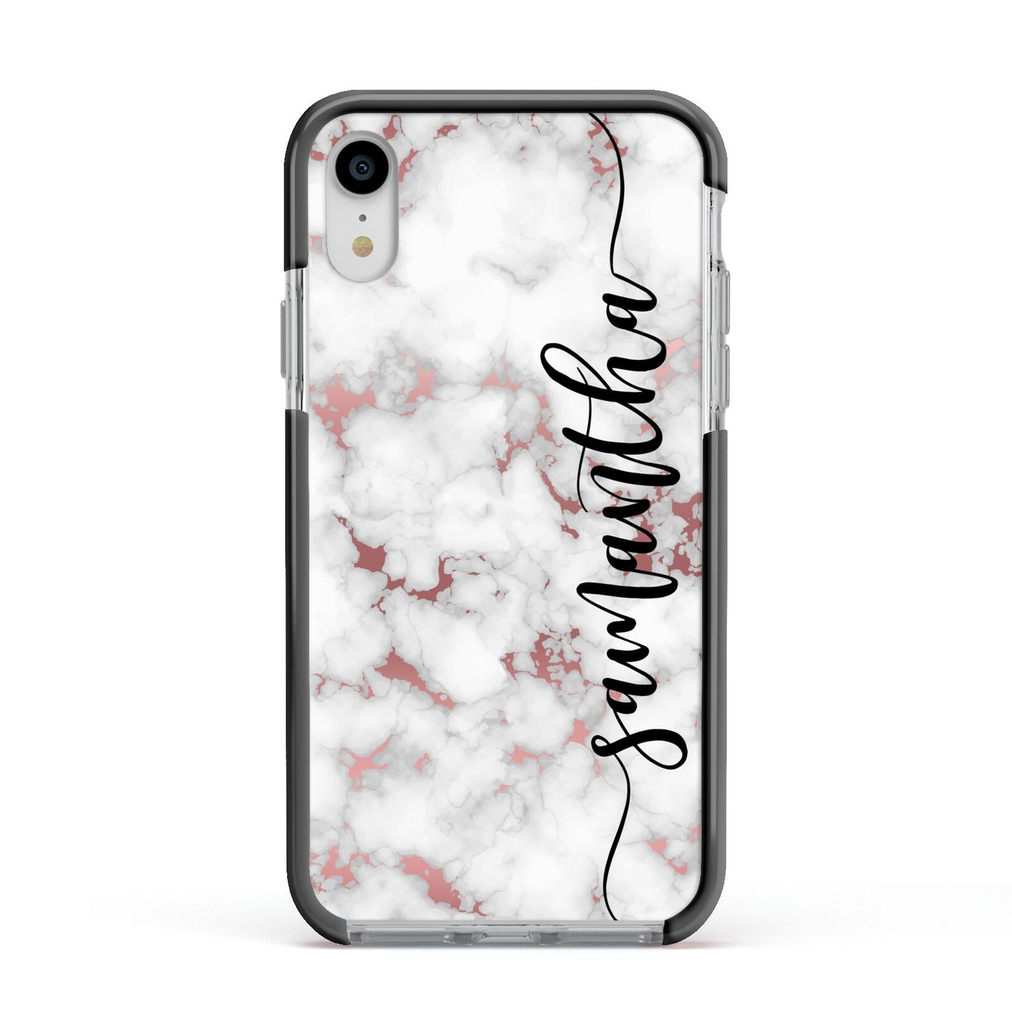 Rose Gold Marble Vertical Black Personalised Name Apple iPhone XR Impact Case Black Edge on Silver Phone