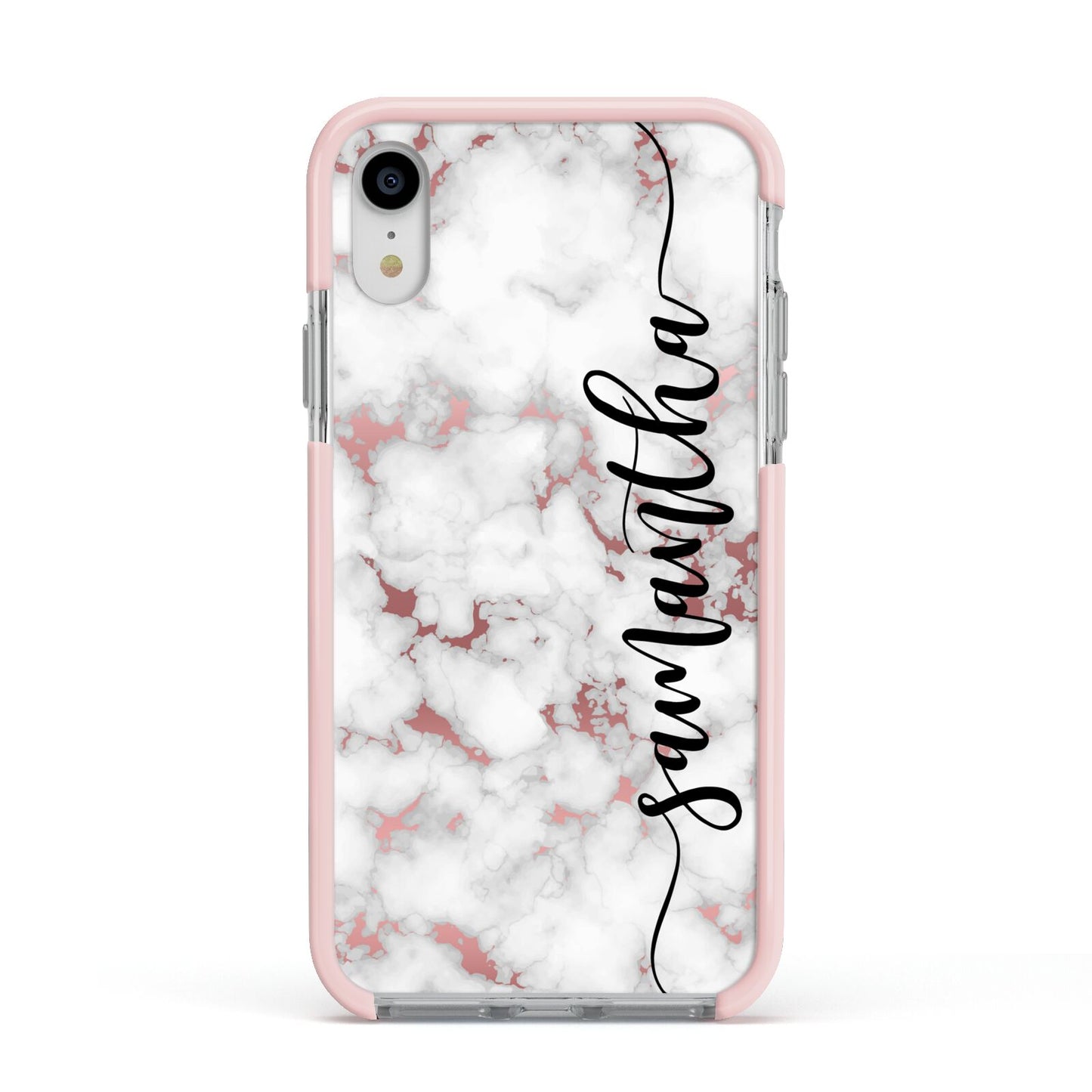 Rose Gold Marble Vertical Black Personalised Name Apple iPhone XR Impact Case Pink Edge on Silver Phone