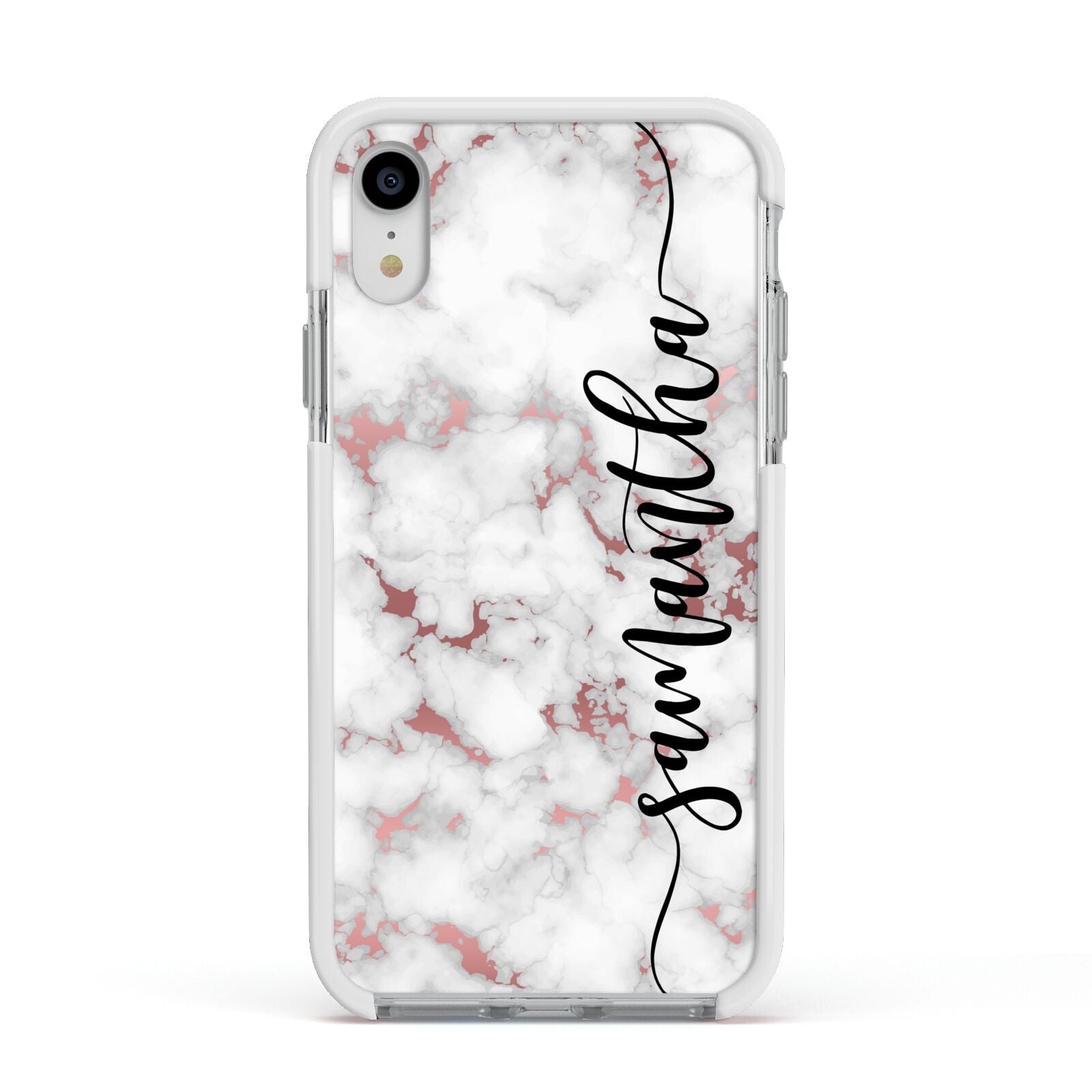 Rose Gold Marble Vertical Black Personalised Name Apple iPhone XR Impact Case White Edge on Silver Phone