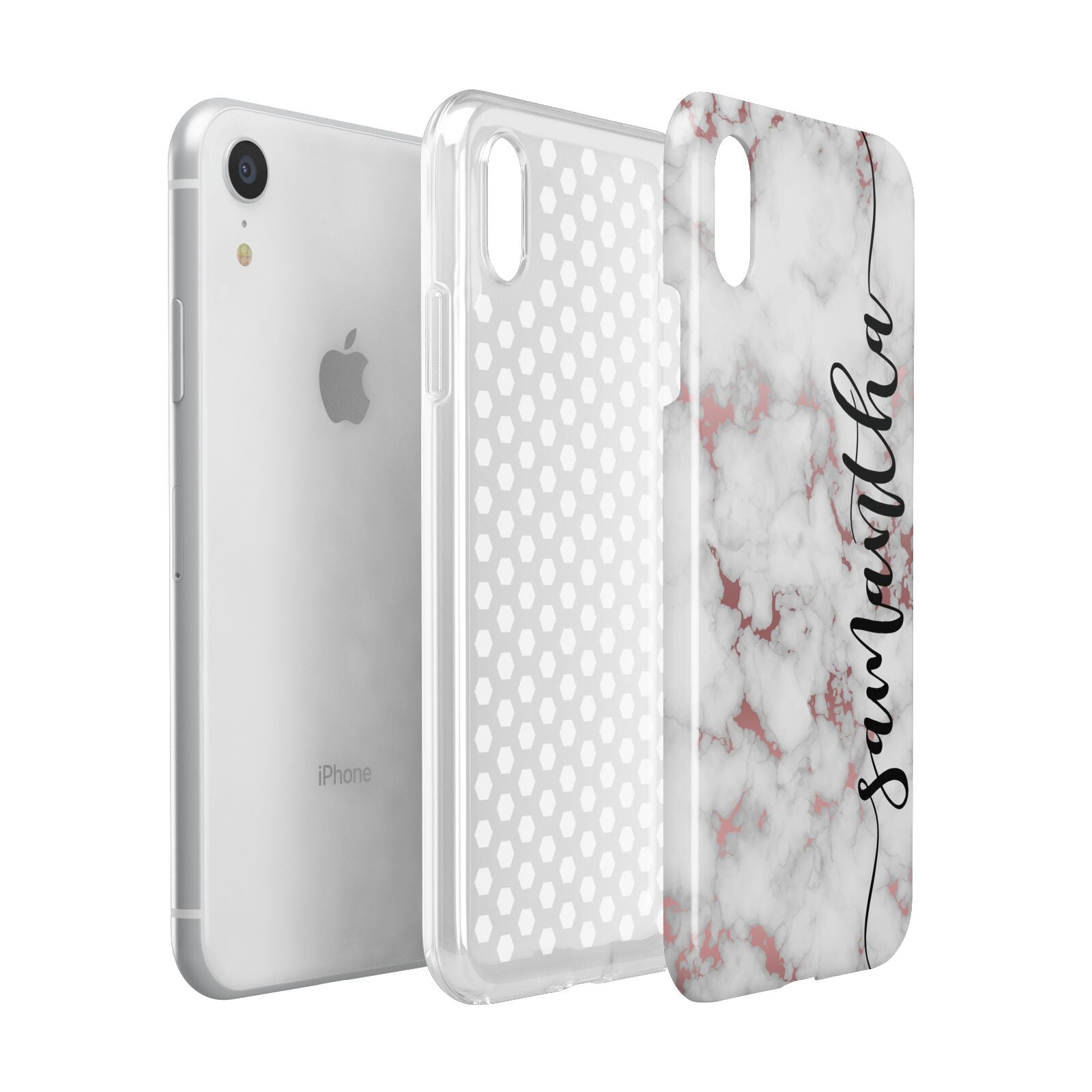 Rose Gold Marble Vertical Black Personalised Name Apple iPhone XR White 3D Tough Case Expanded view