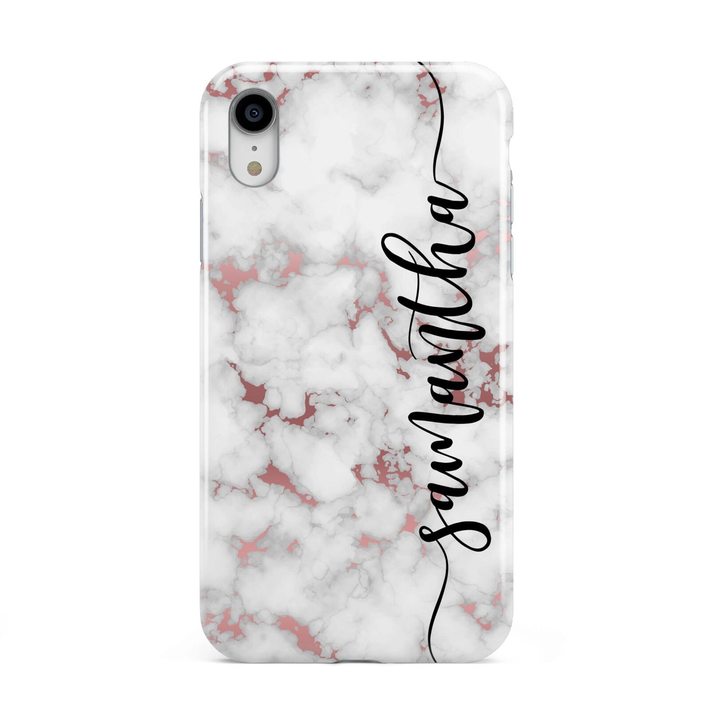 Rose Gold Marble Vertical Black Personalised Name Apple iPhone XR White 3D Tough Case