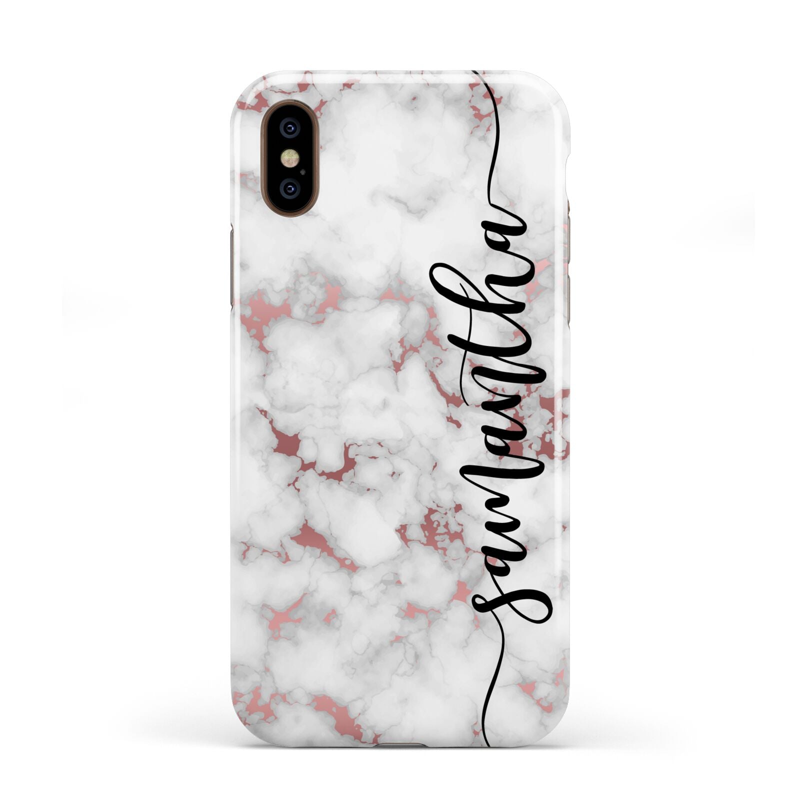 Rose Gold Marble Vertical Black Personalised Name Apple iPhone XS 3D Tough