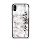 Rose Gold Marble Vertical Black Personalised Name Apple iPhone Xs Impact Case Black Edge on Black Phone