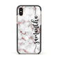 Rose Gold Marble Vertical Black Personalised Name Apple iPhone Xs Impact Case Black Edge on Gold Phone