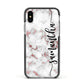 Rose Gold Marble Vertical Black Personalised Name Apple iPhone Xs Impact Case Black Edge on Silver Phone
