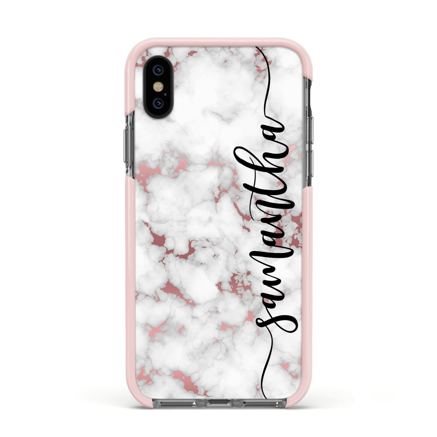 Rose Gold Marble Vertical Black Personalised Name Apple iPhone Xs Impact Case Pink Edge on Black Phone