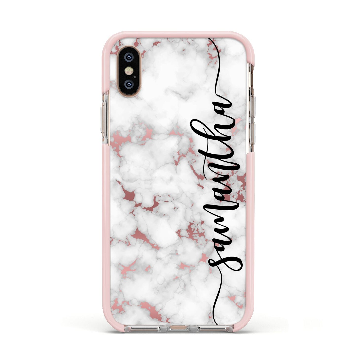Rose Gold Marble Vertical Black Personalised Name Apple iPhone Xs Impact Case Pink Edge on Gold Phone