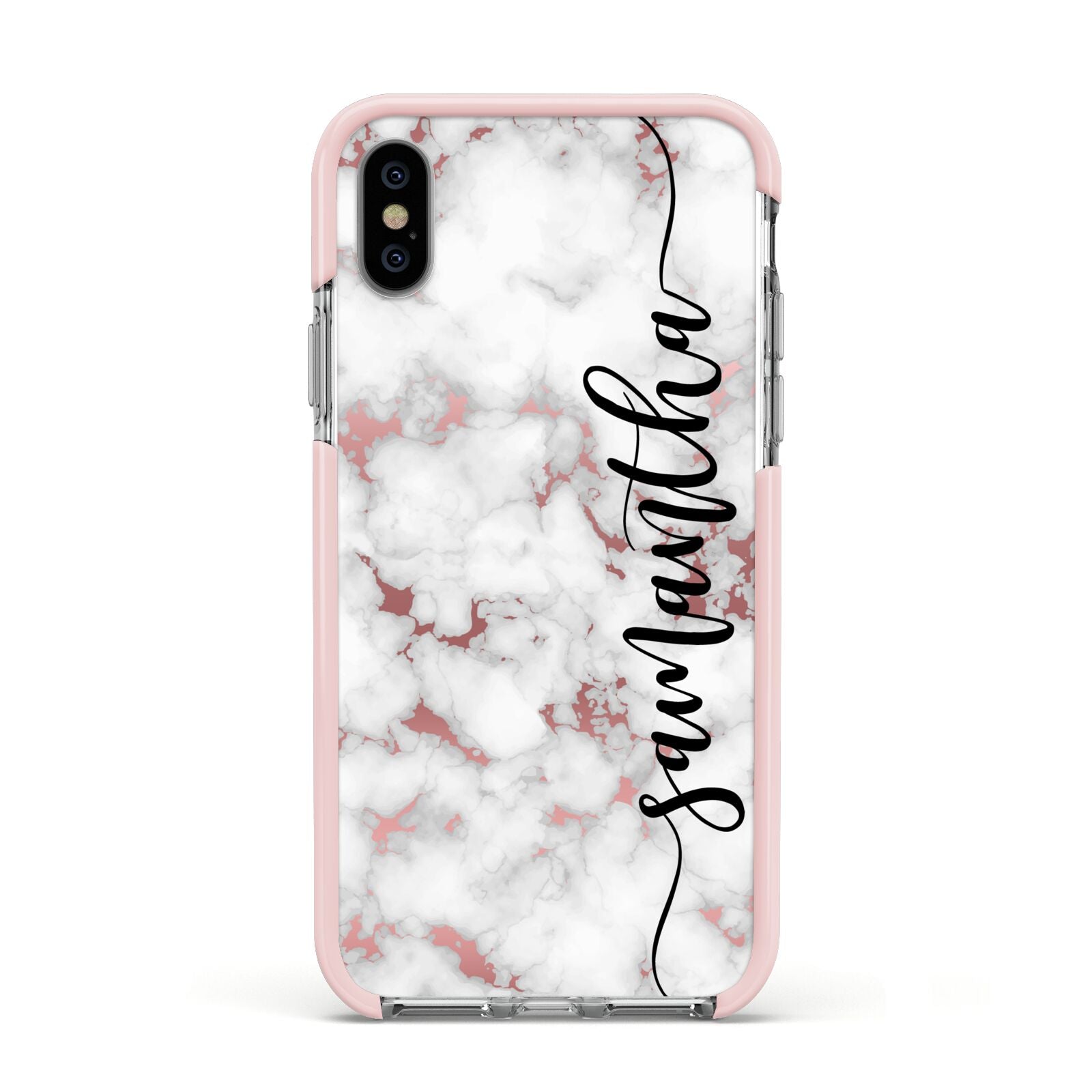 Rose Gold Marble Vertical Black Personalised Name Apple iPhone Xs Impact Case Pink Edge on Silver Phone