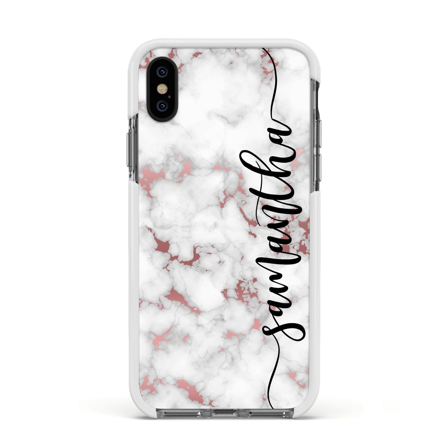 Rose Gold Marble Vertical Black Personalised Name Apple iPhone Xs Impact Case White Edge on Black Phone