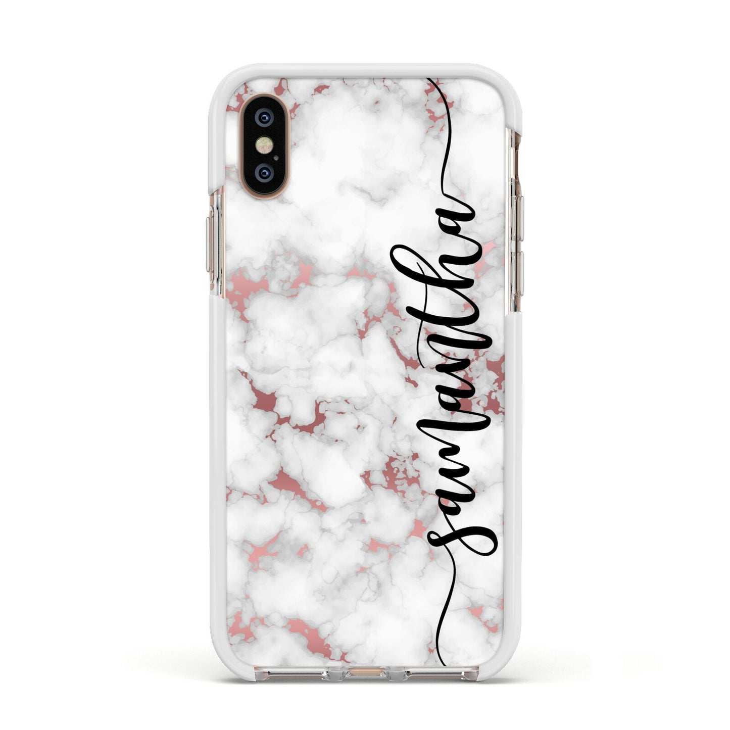 Rose Gold Marble Vertical Black Personalised Name Apple iPhone Xs Impact Case White Edge on Gold Phone
