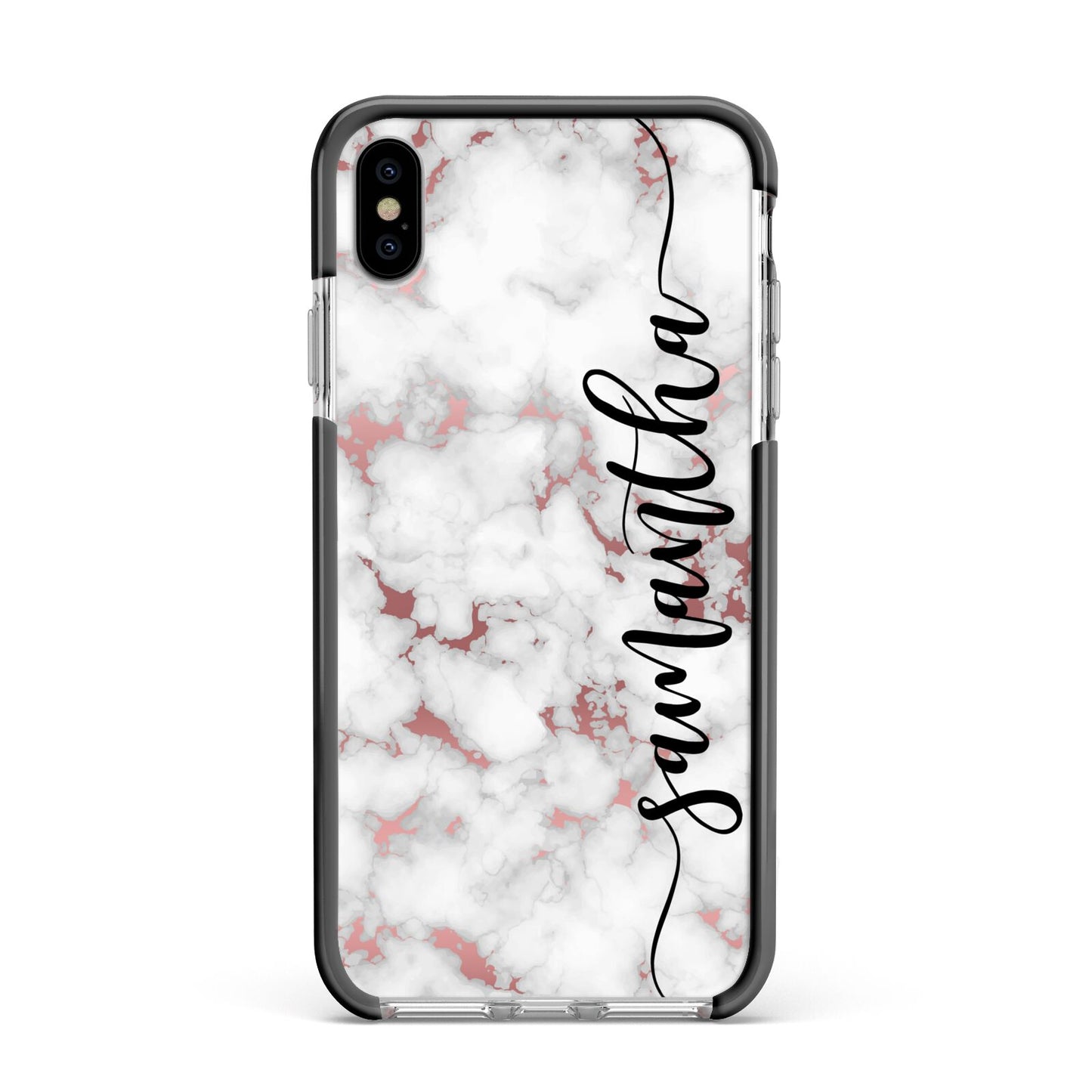 Rose Gold Marble Vertical Black Personalised Name Apple iPhone Xs Max Impact Case Black Edge on Silver Phone