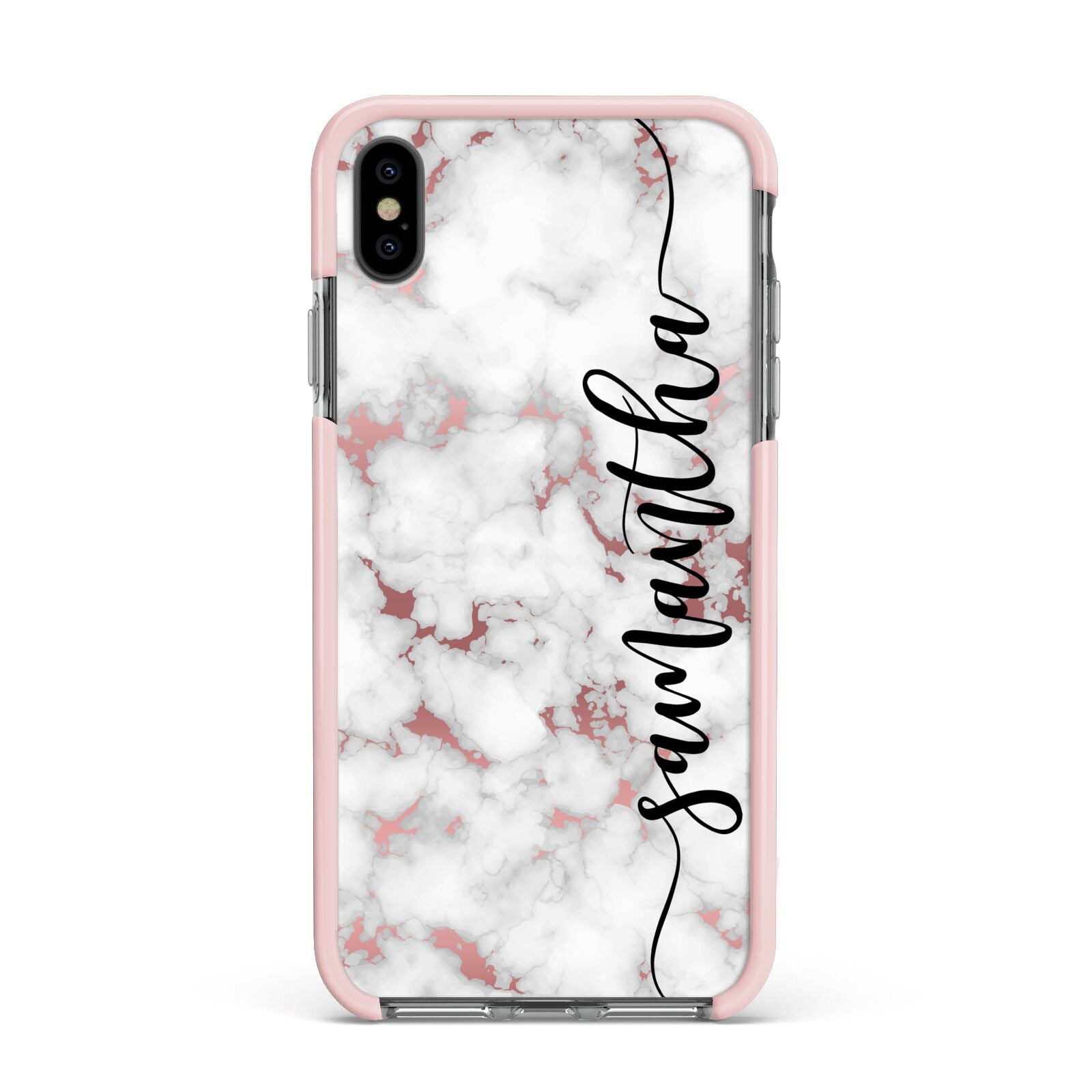 Rose Gold Marble Vertical Black Personalised Name Apple iPhone Xs Max Impact Case Pink Edge on Black Phone