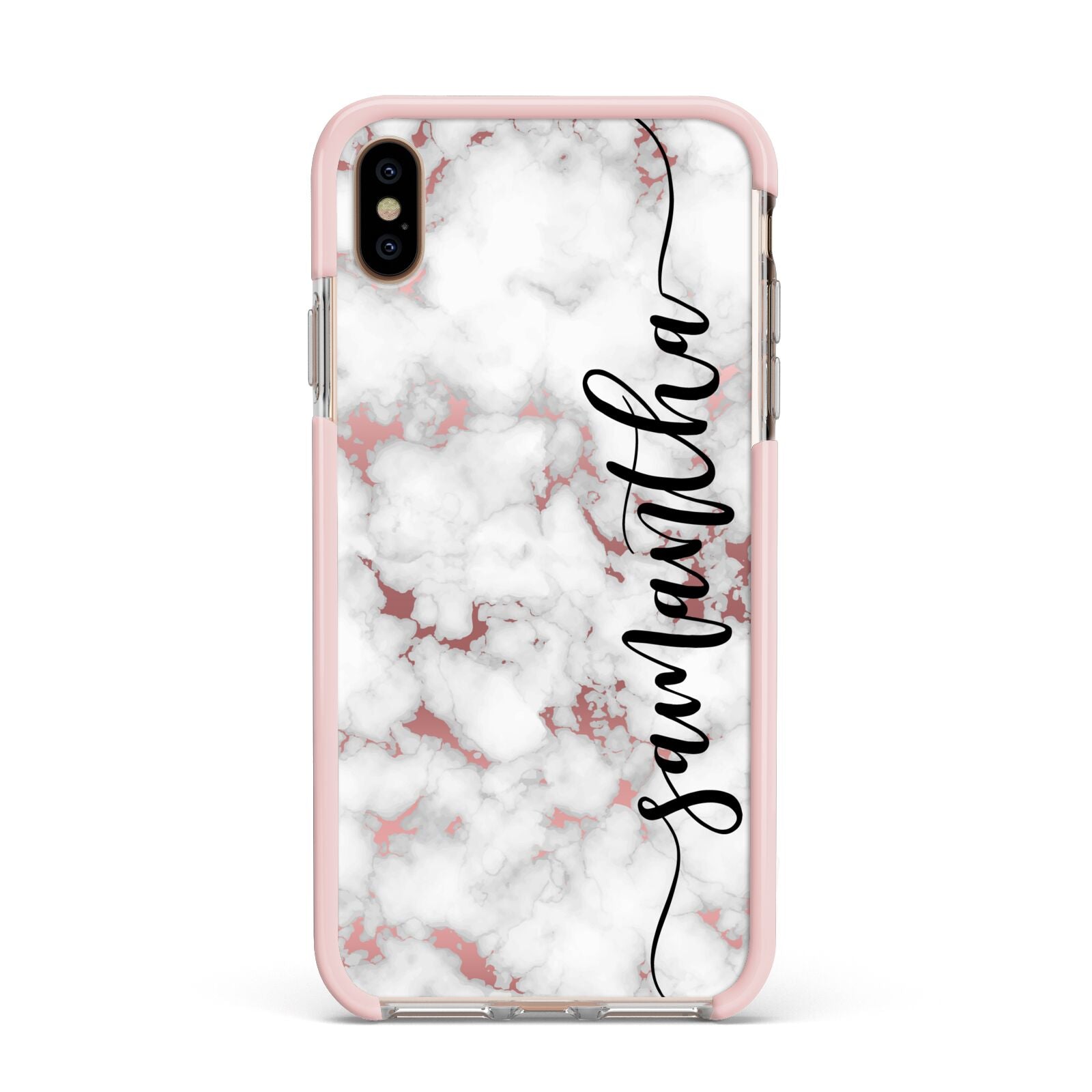Rose Gold Marble Vertical Black Personalised Name Apple iPhone Xs Max Impact Case Pink Edge on Gold Phone