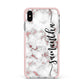 Rose Gold Marble Vertical Black Personalised Name Apple iPhone Xs Max Impact Case Pink Edge on Silver Phone