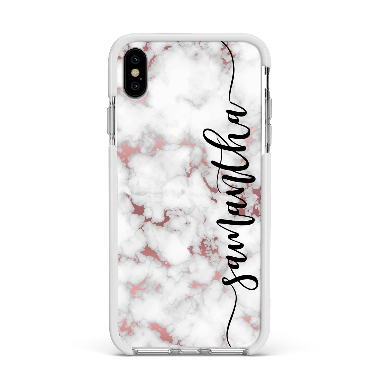 Rose Gold Marble Vertical Black Personalised Name Apple iPhone Xs Max Impact Case White Edge on Silver Phone