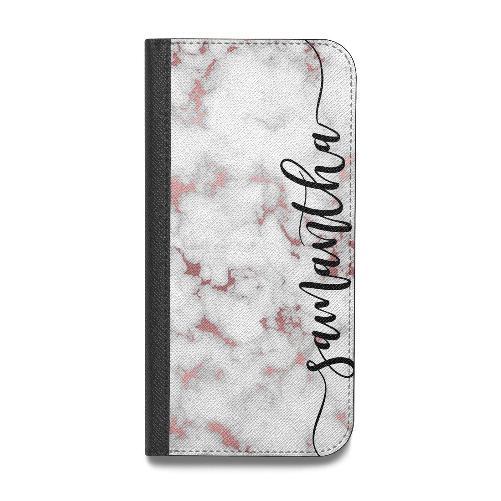 Rose Gold Marble Vertical Black Personalised Name Vegan Leather Flip Samsung Case