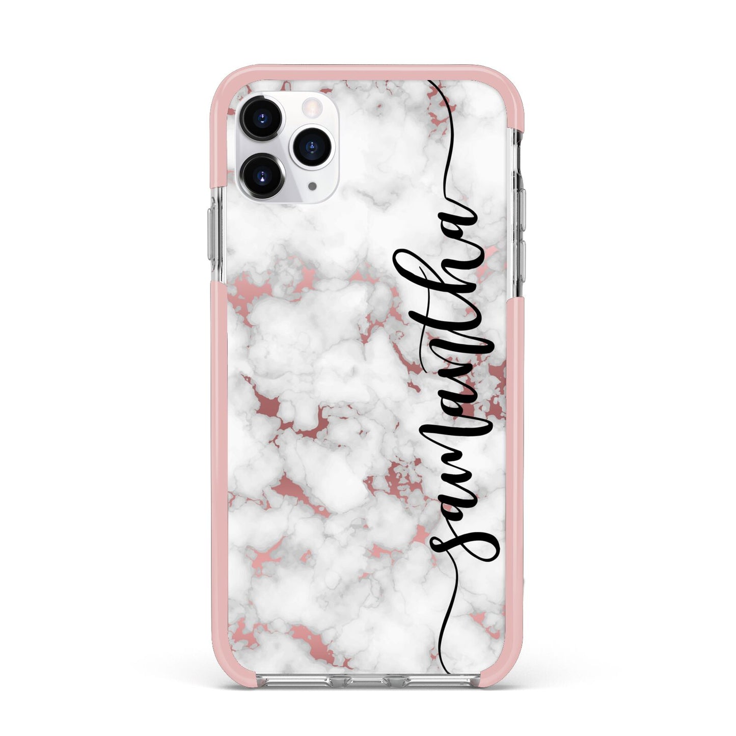 Rose Gold Marble Vertical Black Personalised Name iPhone 11 Pro Max Impact Pink Edge Case